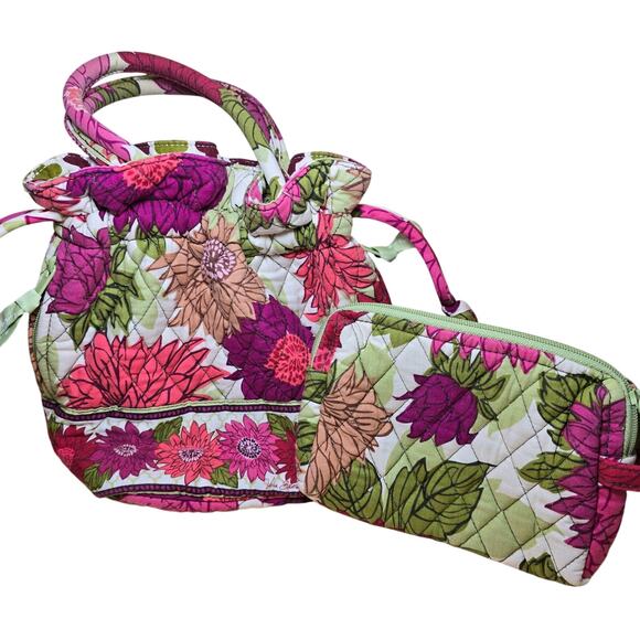 Vera Bradley Hello Dahlia zcinch Purse Top Handles Matching Makeup Bag - Picture 1 of 9